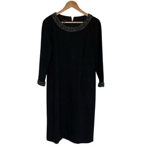 Talbots Womens Black Sheath Dress Embellished Trim‎ Size 10 3/4 Sleeve Classic